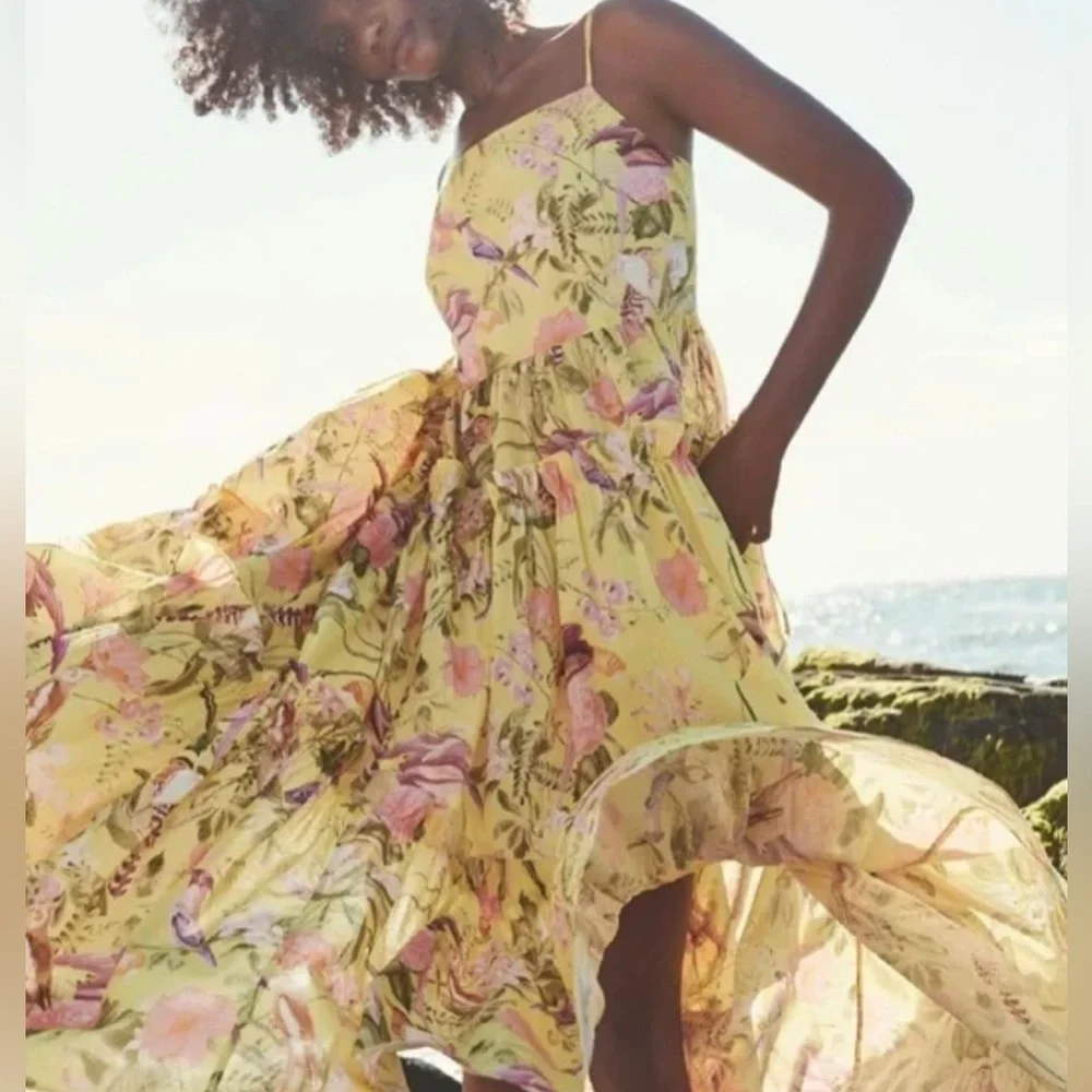 Cara Cara Midi Yellow Harbour Island Dress In Tropical Birds SMALL - Picture 8 of 16